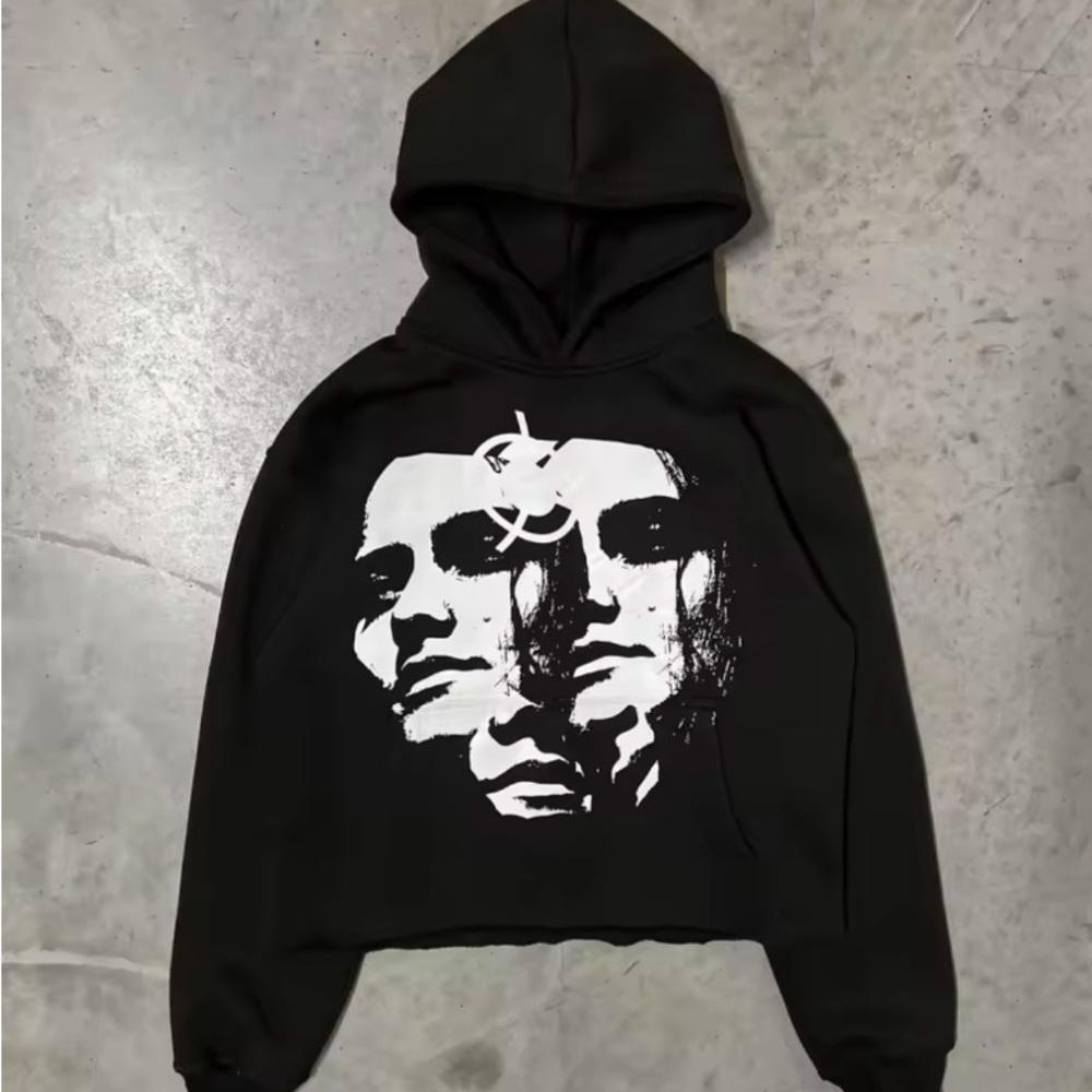 Black Graphic Hoodie with Faces